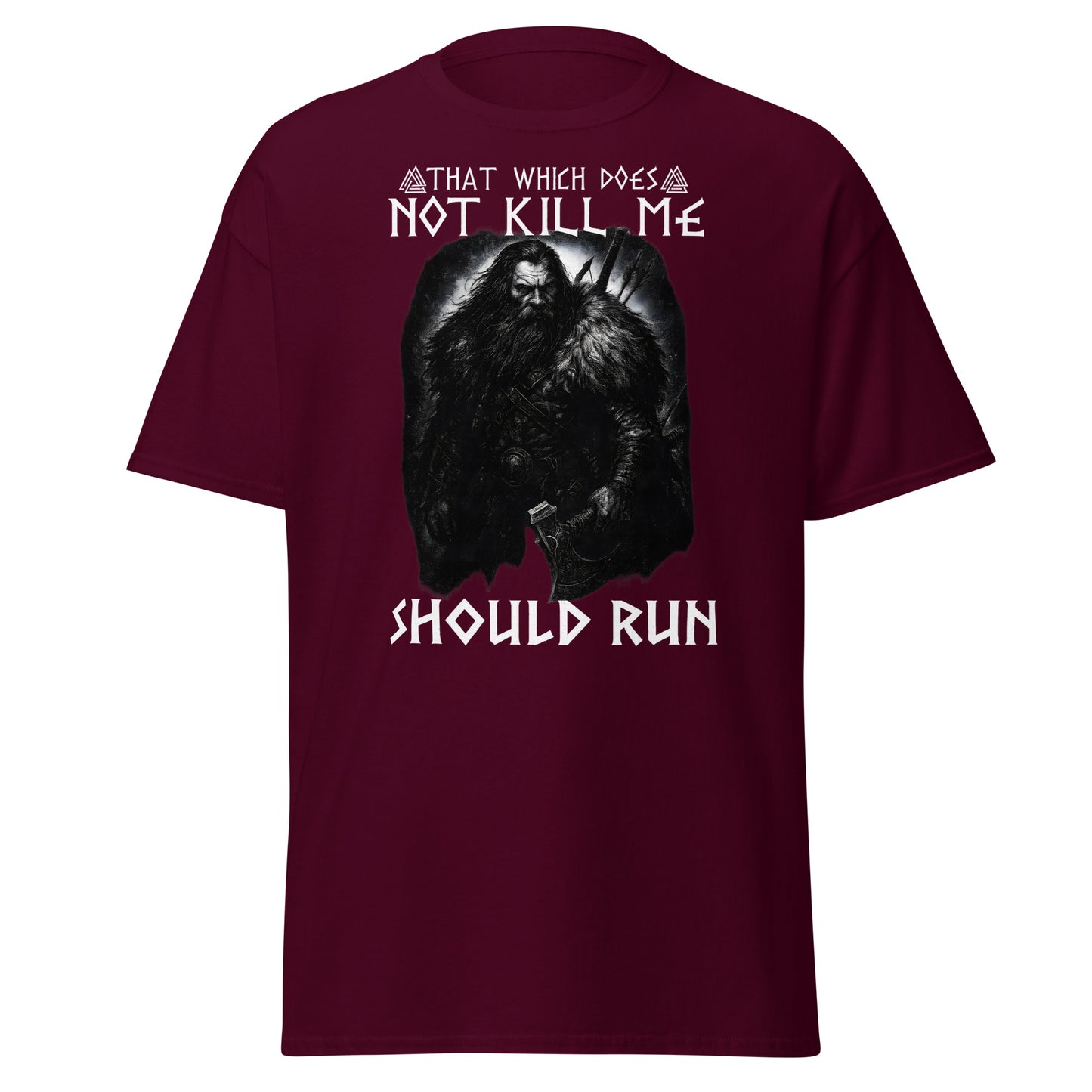 Unleashed Fury – Norse Tee in Maroon Red — berserker spirit Viking shirt with text: That which does not kill me, should run.