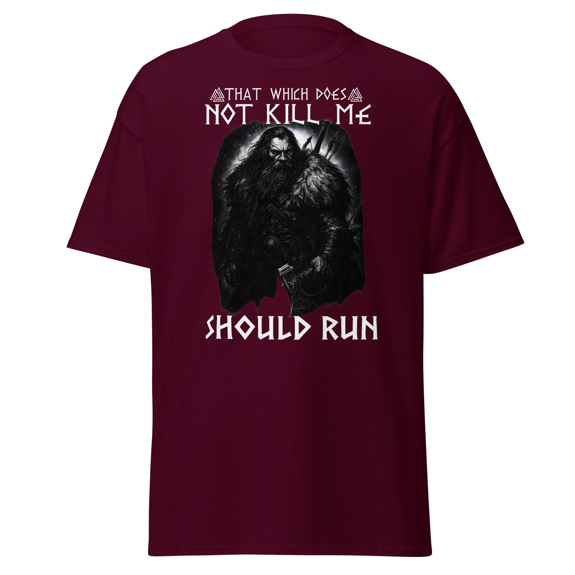 Unleashed Fury – Norse Tee in Maroon Red — berserker spirit Viking shirt with text: That which does not kill me, should run.