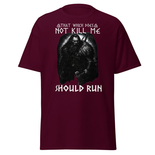 Unleashed Fury – Norse Tee in Maroon Red — berserker spirit Viking shirt with text: That which does not kill me, should run.