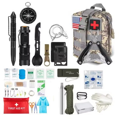 Full ACU camouflage color Vanguard First Response Kit displayed with all included survival and first aid gear laid out on white background. MOLLE tactical pouch and complete equipment selection for outdoor and emergency preparedness.