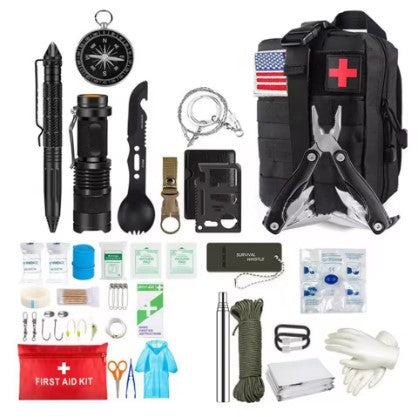 Black version of Vanguard First Response Kit showing all included survival gear and medical tools. Rugged tactical black MOLLE pouch with comprehensive emergency contents for professional and civilian use.