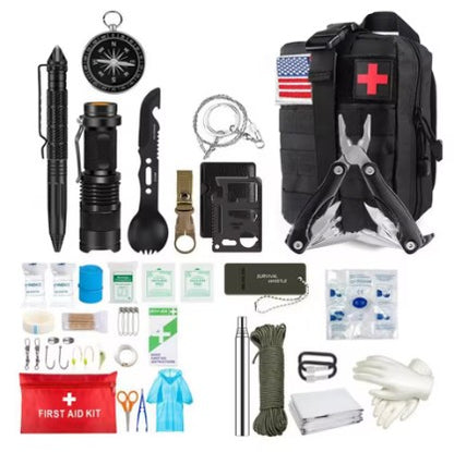 Black version of Vanguard First Response Kit showing all included survival gear and medical tools. Rugged tactical black MOLLE pouch with comprehensive emergency contents for professional and civilian use.
