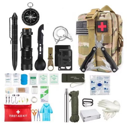 Vanguard First Response Kit in CP camouflage colorway. All tools and supplies presented neatly on white background, highlighting the survival, first aid and tactical equipment combination for complete readiness.