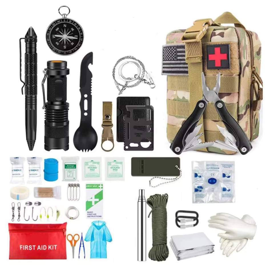Vanguard First Response Kit – Tactical Survival Set in CP camouflage color. All survival and first aid tools displayed separately on white background including pouch, flashlight, pliers, tactical pen, whistle, and bandages. Compact MOLLE-compatible emergency survival kit.