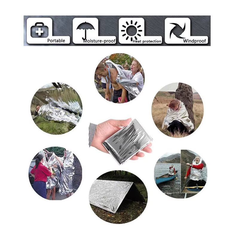 Portable first aid emergency blanket from Vanguard kit. Demonstrated in circular collage: used as heat retention cover, rain and sun shelter, and compact packed form. Features windproof, moisture-proof, sun-protection design.