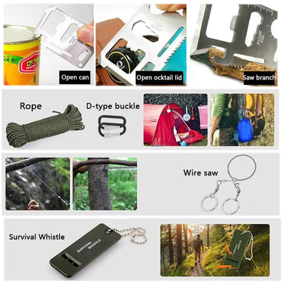Collage showing survival gear in use: branch sawing with wire saw, opening cans, tying ropes with D-type buckle, camping scenes, emergency whistle and shelter setup. Demonstrates kit’s outdoor readiness and versatility.