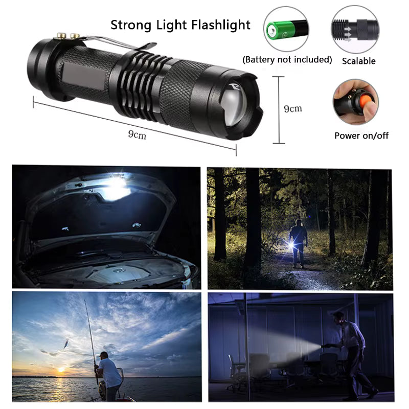 9cm compact flashlight from Vanguard First Response Kit shown in use across scenarios — night forest, indoor power outage, and fishing. Scalable beam, waterproof body, battery not included. Reliable tactical light source for survival and emergency use.