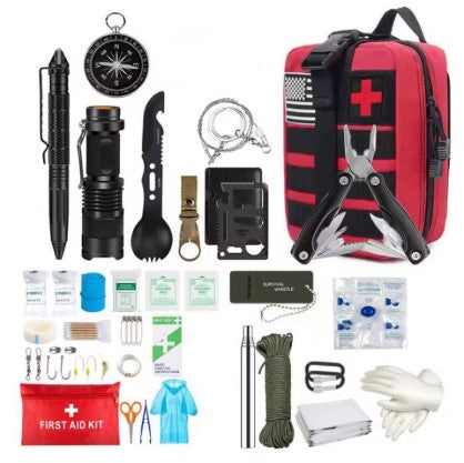 Bright red Vanguard First Response Kit – Tactical Survival Set displayed with complete tool and medical layout. Easy-to-spot color for rescue or vehicle kits. Includes MOLLE-compatible pouch, medical supplies and outdoor survival tools.