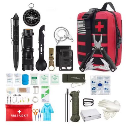 Bright red Vanguard First Response Kit – Tactical Survival Set displayed with complete tool and medical layout. Easy-to-spot color for rescue or vehicle kits. Includes MOLLE-compatible pouch, medical supplies and outdoor survival tools.