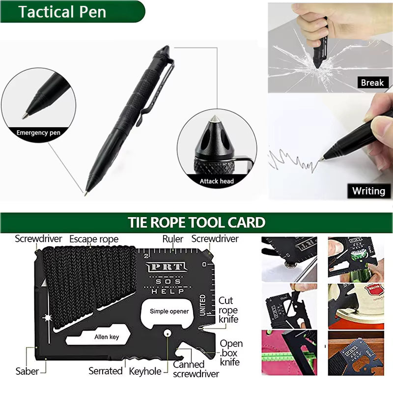 Close-up view of tactical pen and multi-function survival card tool with attached rope. Shows engraved tool functions such as screwdriver, ruler, rope cutter, can opener, serrated edge and glass breaker. Durable and multi-purpose emergency tools.