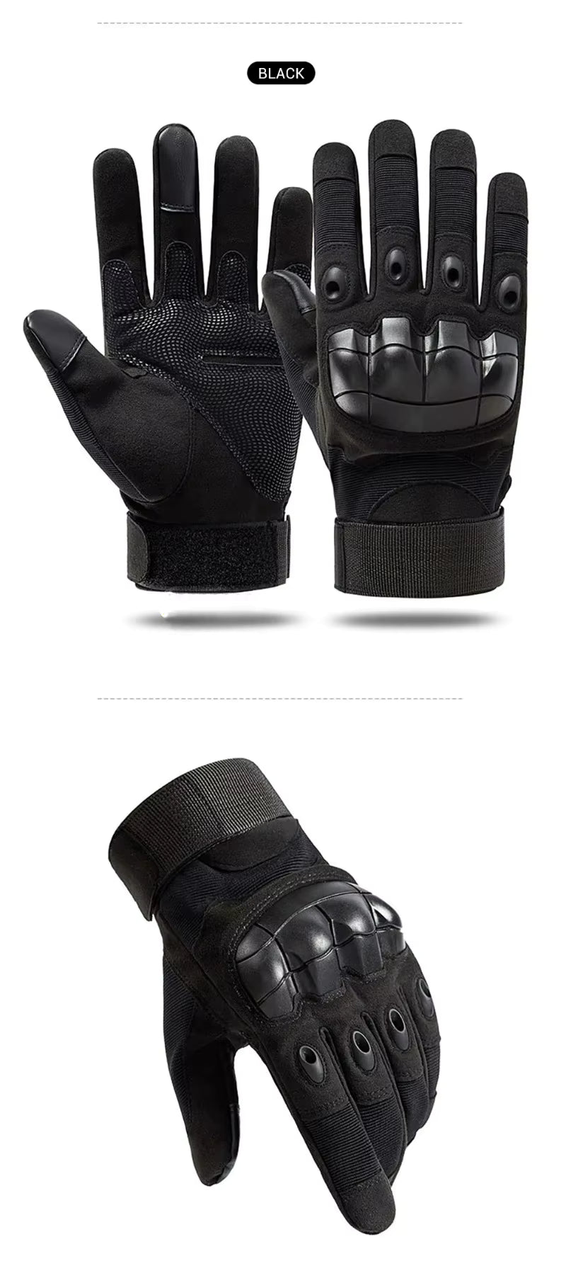 Black full-finger Windwarden Tactical Gloves front and back, with detailed close-up of knuckle area — shows ergonomic construction and tactical-grade reinforcement for grip and control.