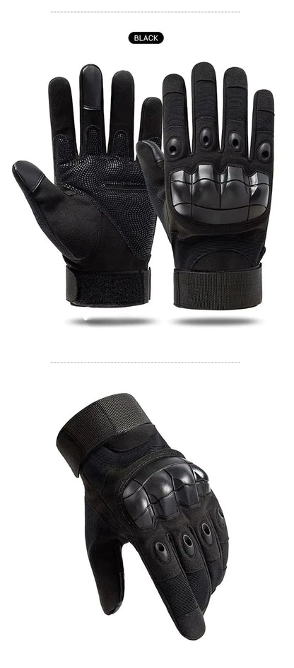 Black full-finger Windwarden Tactical Gloves front and back, with detailed close-up of knuckle area — shows ergonomic construction and tactical-grade reinforcement for grip and control.