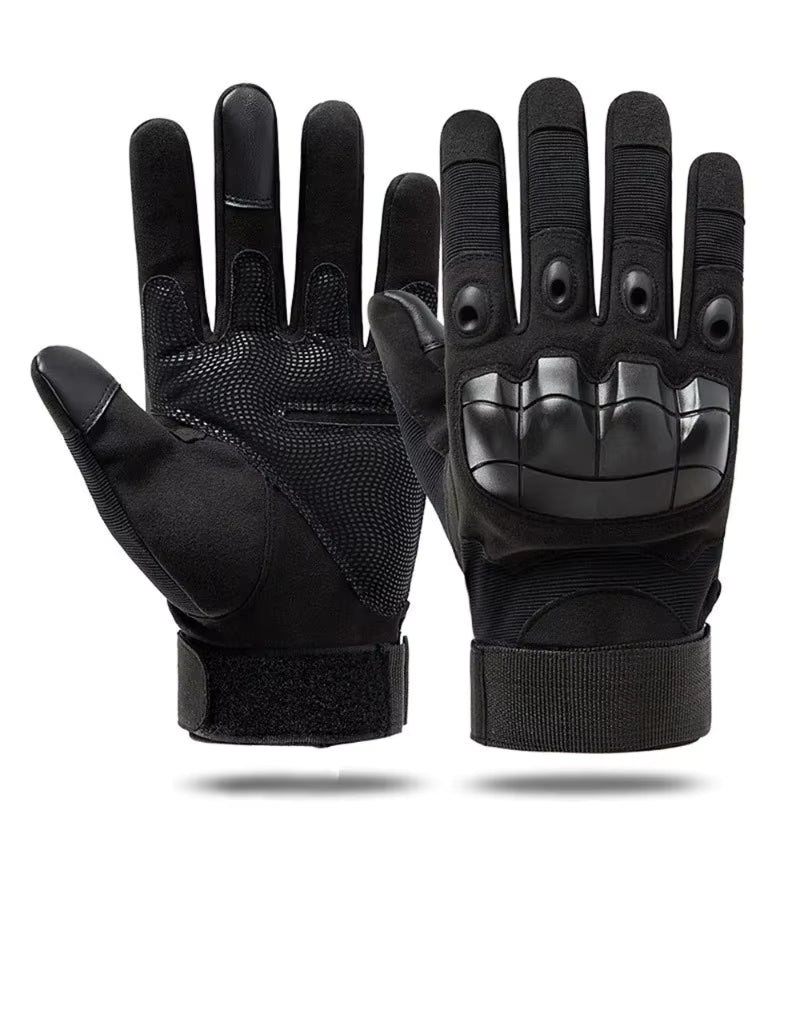 Full-finger Windwarden Tactical Gloves in black color shown front and back — tactical design with molded knuckle protection, grip-enhancing palm material, and adjustable wrist straps.