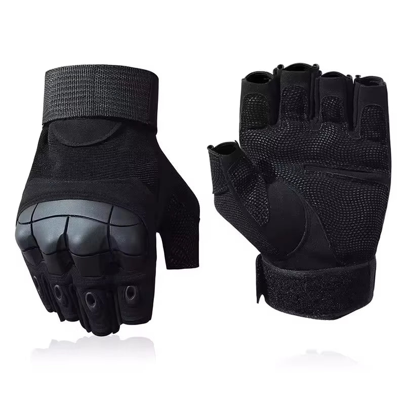 Black half-finger Windwarden Tactical Gloves displayed front and back on white background — durable microfiber leather palms, reinforced knuckles, and breathable stretch fabric for high dexterity field work.