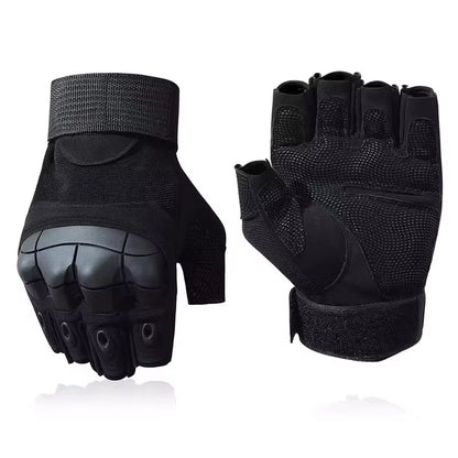 Black half-finger Windwarden Tactical Gloves displayed front and back on white background — durable microfiber leather palms, reinforced knuckles, and breathable stretch fabric for high dexterity field work.
