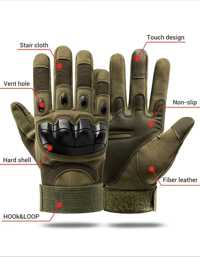 Feature map of Army Green Windwarden Tactical Gloves with labeled design details — touchscreen design, stair cloth, vent holes, hard shell knuckle protection, hook & loop wrist closure, fiber leather, and non-slip palm panel.