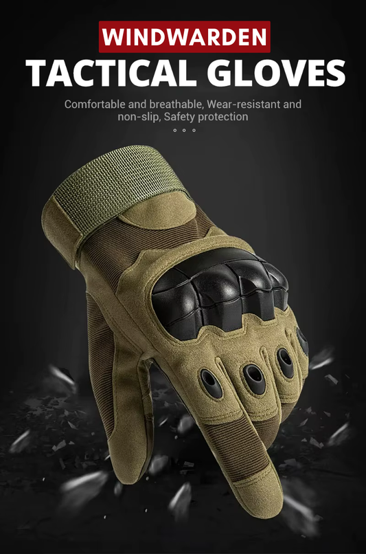 Windwarden Tactical Gloves hero image — Army Green glove displayed on dark textured background with text “Tactical Gloves, Comfortable and Breathable, Wear-Resistant and Non-Slip, Safety Protection”. Promotional visual highlighting durability, comfort, and field-ready design for outdoor and airsoft use.