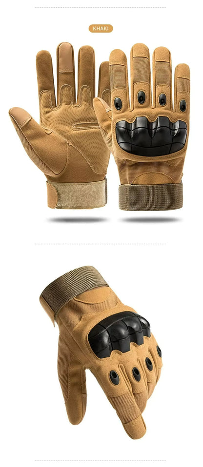 Khaki Windwarden Tactical Gloves displayed from multiple angles — features hard shell knuckle guards, finger venting, and reinforced palms for bushcraft and airsoft activities.