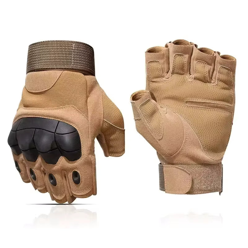 Khaki Windwarden half-finger tactical gloves displayed front and back — rugged outdoor gloves combining dexterity, anti-slip palm texture, and knuckle protection for shooting or hiking.