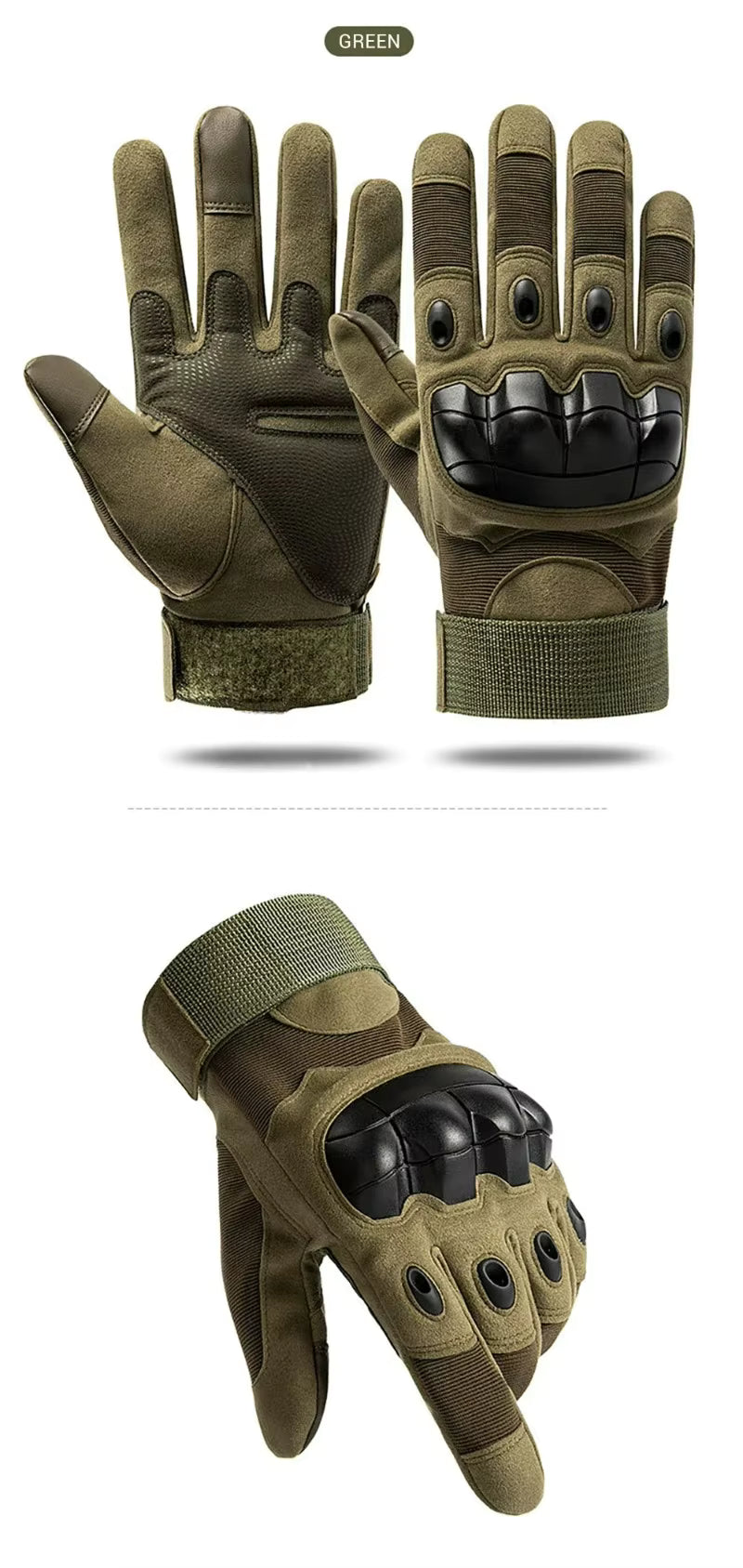 Army Green Windwarden Tactical Gloves shown from different angles — strong knuckle protection, breathable vents, and secure wrist straps for field-ready reliability.