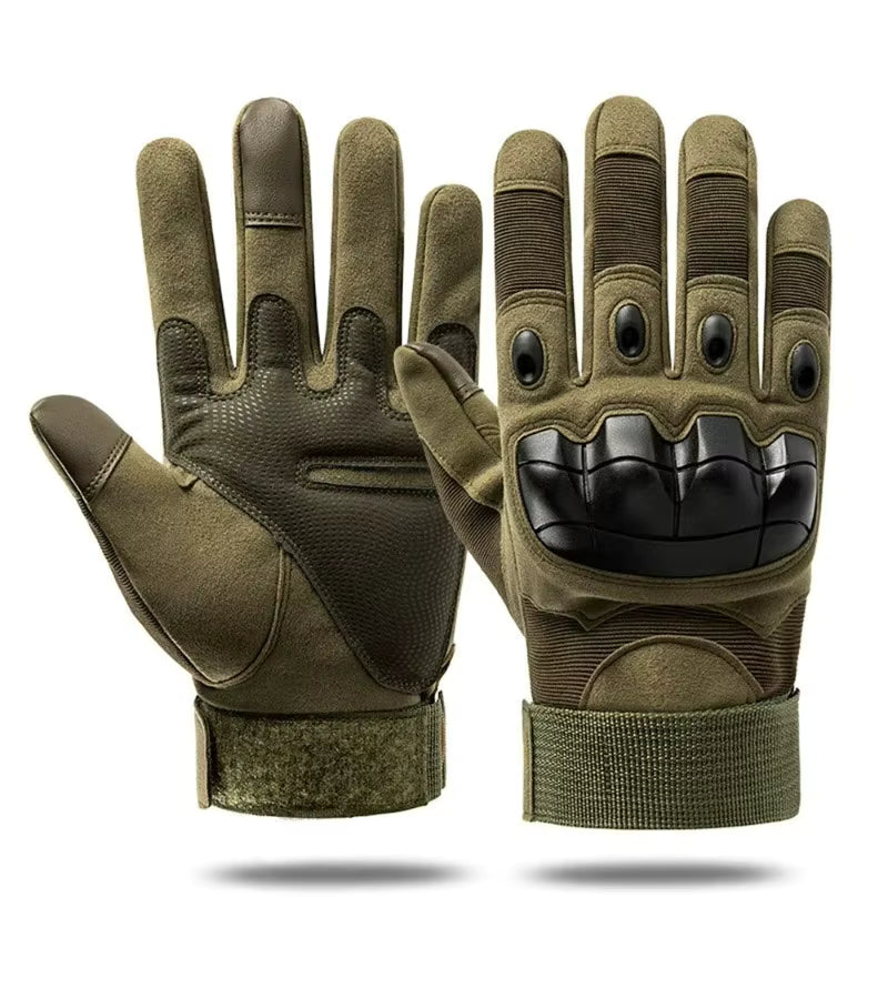 Army Green Windwarden Tactical Gloves full-finger version shown front and back on white background — reinforced knuckle shells, vent holes, microfiber leather palm pads, and touchscreen fingertips for outdoor and airsoft use.