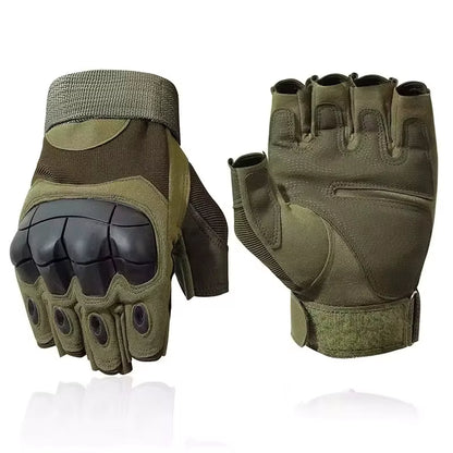 Army Green half-finger Windwarden Tactical Gloves on white background — lightweight gloves for airsoft, hiking, and bushcraft with non-slip palm panels and breathable finger design.