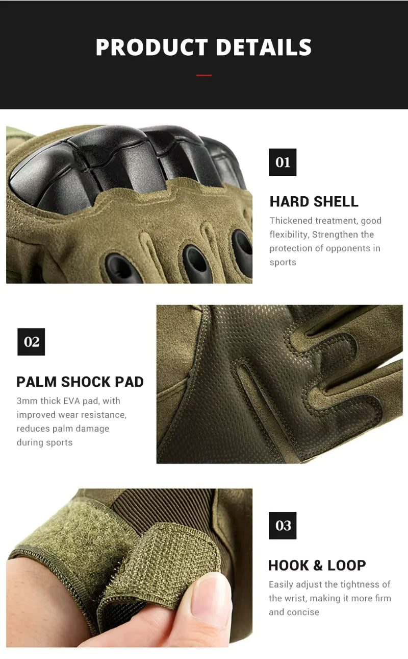 Infographic highlighting glove protection features: hard shell knuckle treatment, 3mm EVA palm shock pad, and adjustable hook & loop wrist strap for secure fit and enhanced durability.