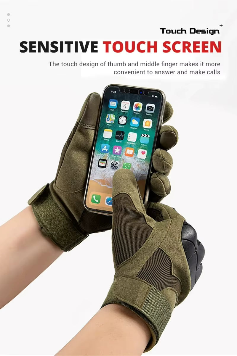 Hands wearing Windwarden Tactical Gloves using a smartphone — touchscreen sensitive fingertips on thumb and middle finger allow answering calls without removing gloves.