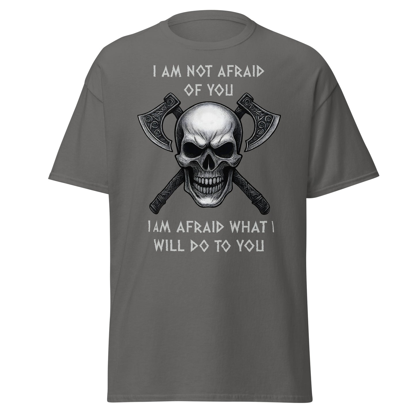 Charcoal grey Norse Viking shirt with skull graphic - Viking warrior tee with crossed axes and bold text - Wrath Unchained Viking merchandise