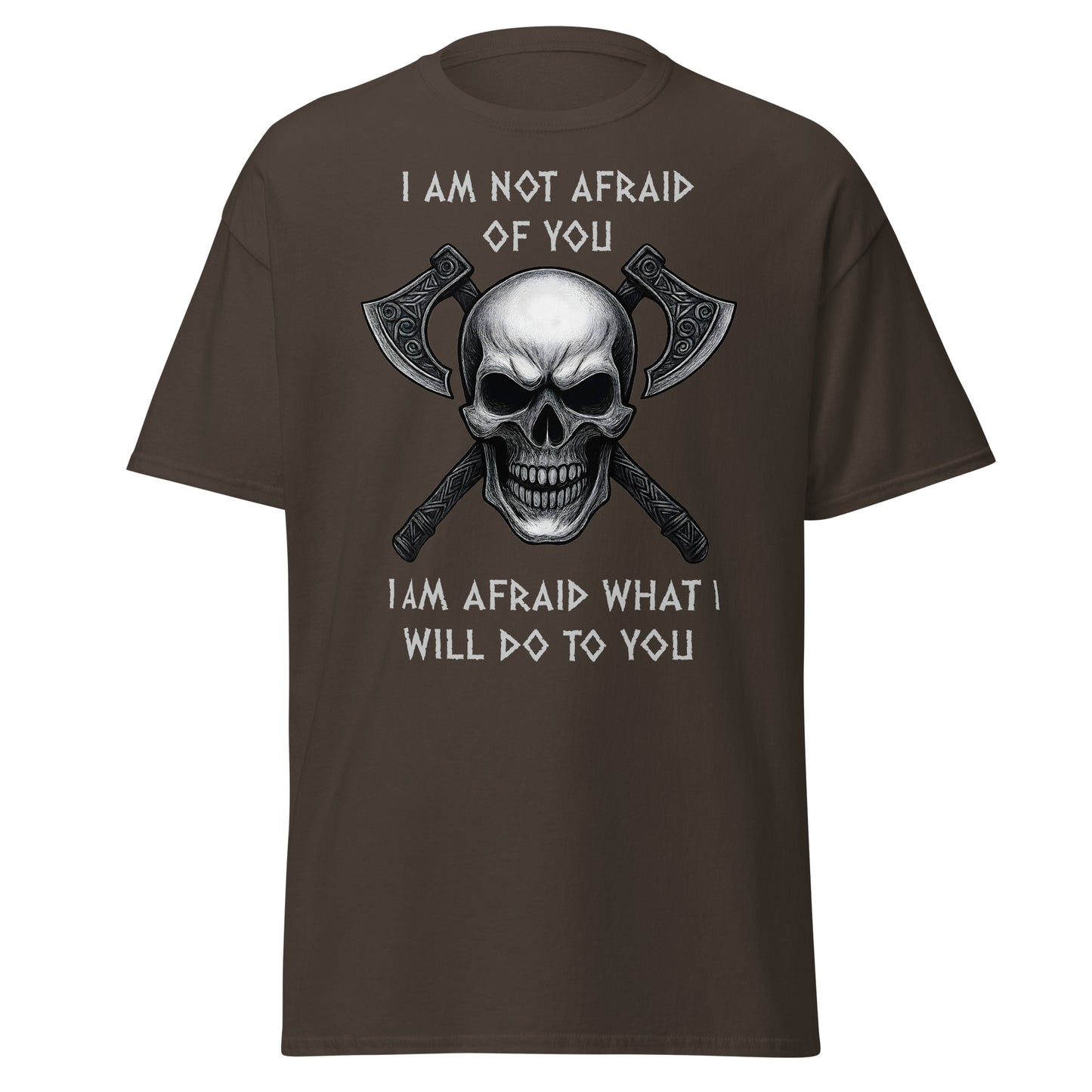 Dark chocolate brown Viking warrior shirt - Norse skull tee with battle axes and powerful quote - Wrath Unchained Viking graphic apparel