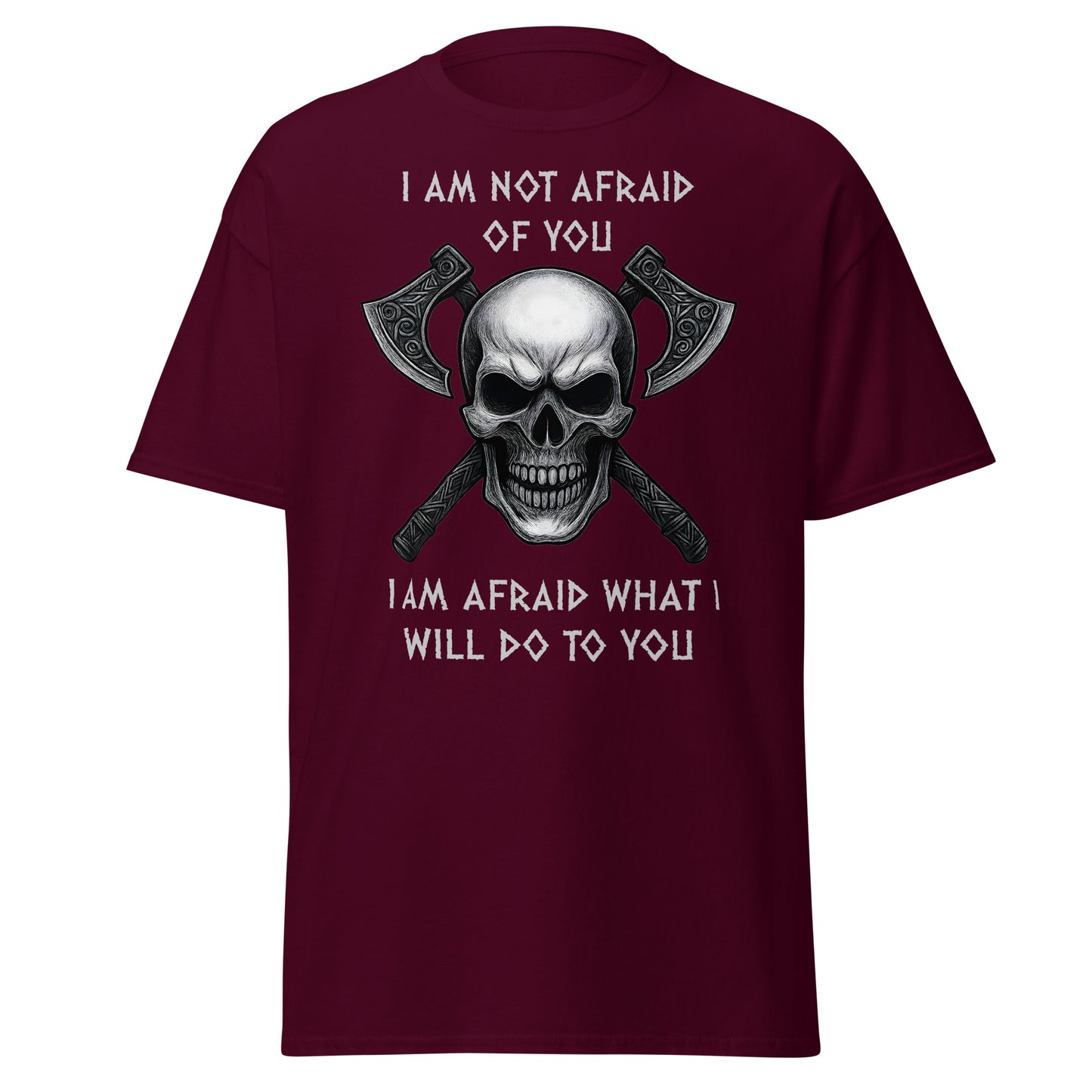 Maroon red Norse Viking t-shirt with grinning skull and battle axes - Viking warrior shirt with intimidating quote - Wrath Unchained Viking apparel