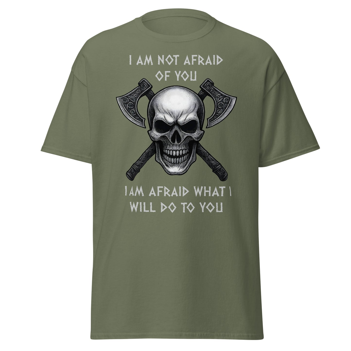 Military green Viking t-shirt with grinning skull design - Norse warrior shirt with battle axes and intimidating quote - Wrath Unchained Viking gear