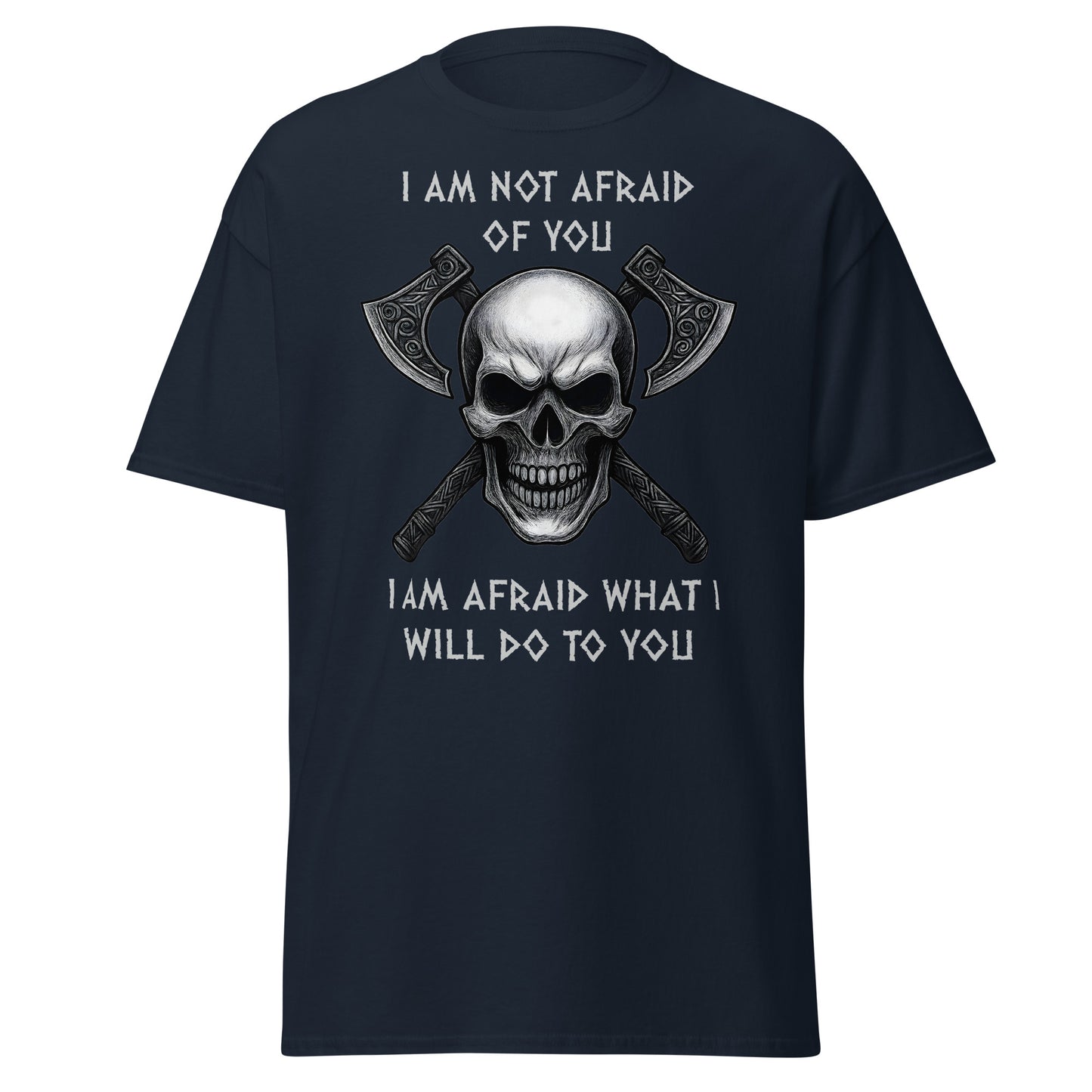 Navy blue Viking tee with skull and crossed axes design - Norse mythology shirt with bold warrior quote - Wrath Unchained Viking clothing for men