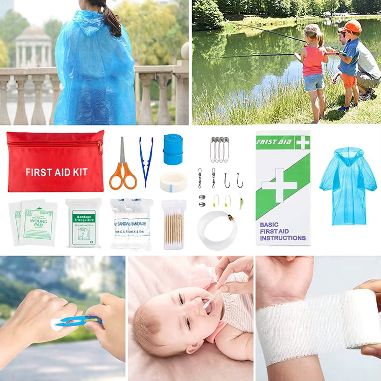 Lifestyle collage showing uses of Vanguard First Response Kit: rain poncho worn outdoors, family fishing, close-ups of first aid treatment, tweezers removing tick, baby care, and wound bandaging. Demonstrates practical real-life applications and versatility.